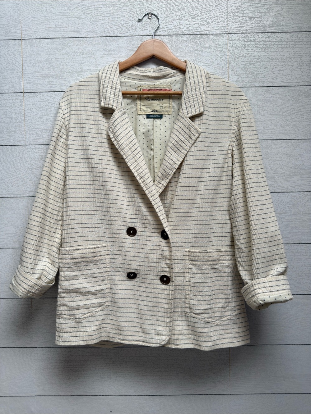 Cartonnier Anthropologie Cream Navy Pinstripe Double Breasted Blazer Size SP
